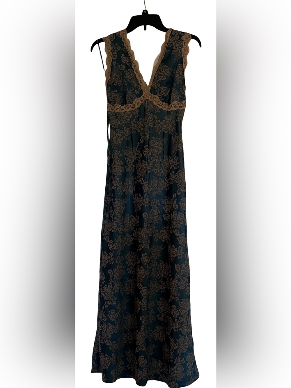 Lace-Trim Floral Slip Dress - Teal & Taupe